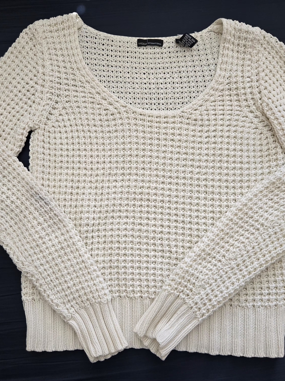 Cream Waffle-Knit Scoop Neck Sweater
